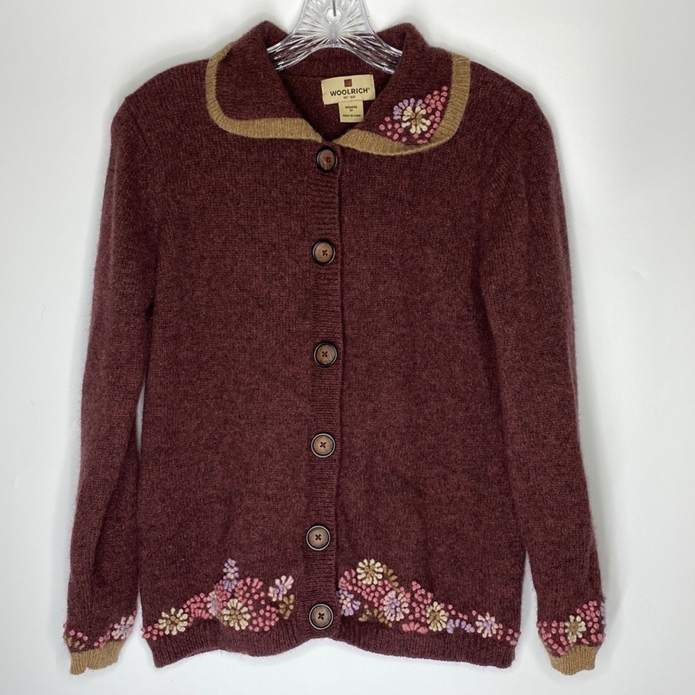 Woolrich Burgundy Floral Button Up Wool Cardigan Sweater Size Medium